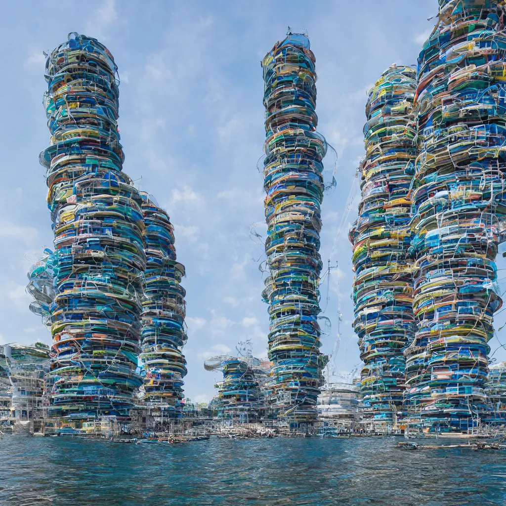 Image similar to a circular tower, made up of colourful makeshift squatter shacks suspended over water, dystopia, sony a 7 r 3, f 1 1, fully frontal view, ultra detailed, photographed by zaha hadid,