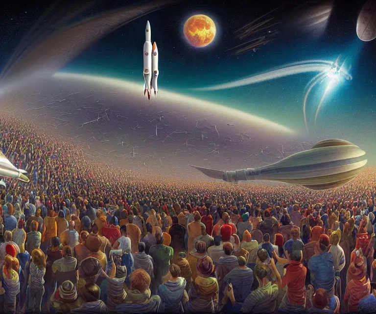 Prompt: hyper detailed 3d render like a Oil painting - crowds gather at a spaceport on a beautiful faraway planet to watch a rocket blast off, large moon in the dramatic starry alien sky, retrofuturistic science fiction vibe, by Jacek Yerka, Mariusz Lewandowski, Houdini algorithmic generative render, Abstract brush strokes, Masterpiece, Edward Hopper and James Gilleard, Zdzislaw Beksinski, Mark Ryden, Wolfgang Lettl, hints of Yayoi Kasuma, octane render, 8k