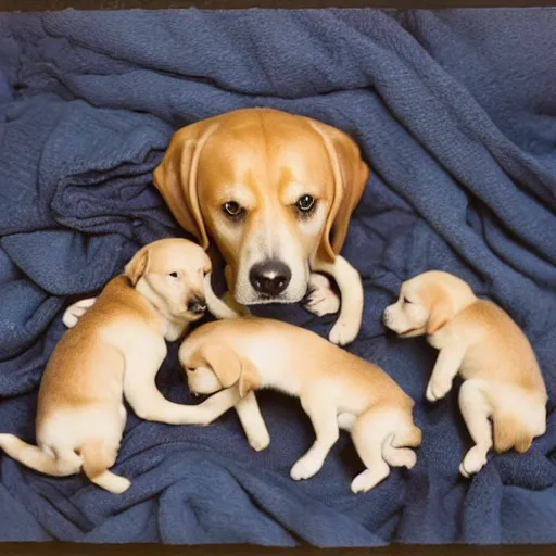 Prompt: 8 0 mm anne geddes photo of a momma dog with her newborn puppies, natural sunlight, indoors, cool colors