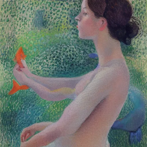 Image similar to young woman dreaming of bubbles and fish, concept art, gouache, camille pissarro