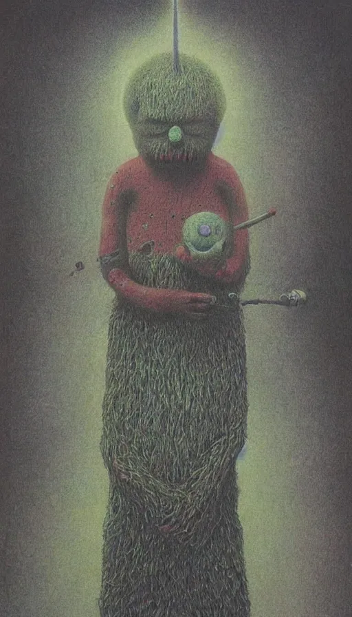 Image similar to giant occult teletubby by beksinski, colored pencil art, detailed, scary