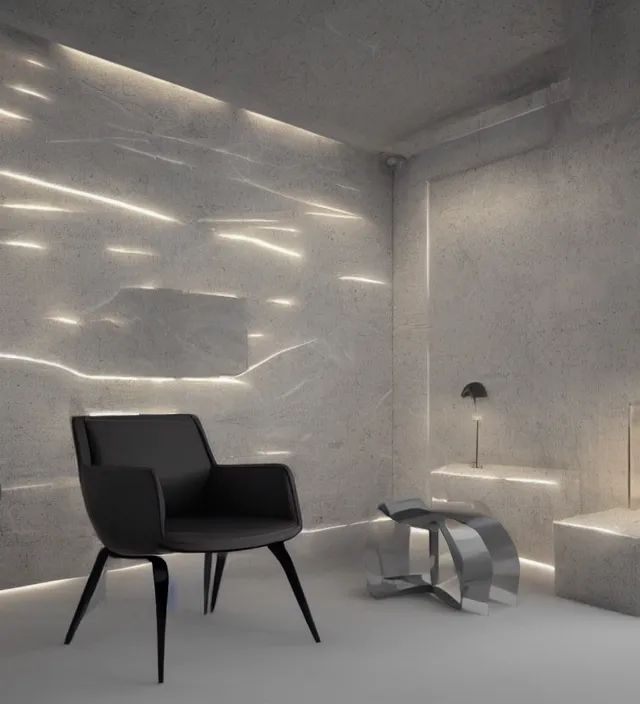 Image similar to a brutalism leather armchair with led light strips, dark concrete room, intricate details, octane render