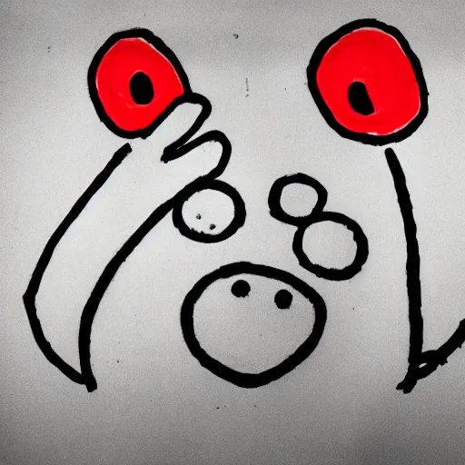 Image similar to primitive drawing of smiling circle face with thumb up hand and red eyes.