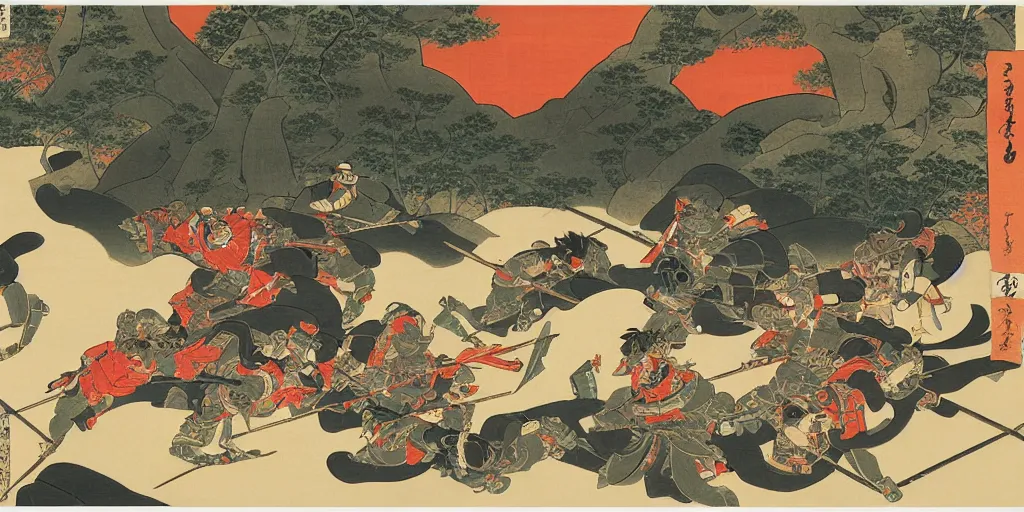 Prompt: mixed ukiyo - e style and italian futurism sytle painting of heavily armored samurai fighting in fierce battle in a beautiful forest