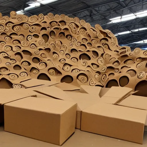 Image similar to many octopus tentacles made of cardboard, cut out of brown corrugated cardboard