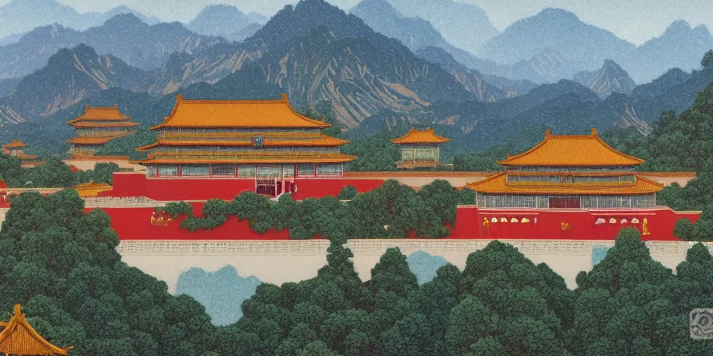 Image similar to forbidden city on the cliff, 4 k, wide - angle lens ， cinematic ， painting by wes anderson and hasui kause and scott listfield maxfield parrish