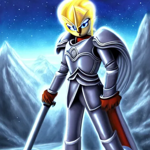 Image similar to paladin wearing silver amour with mirror finish, wielding a longsword that gleams like the sun. he is wearing a teutonic helmet, inside his eyes glow like the sun. sonic the hedgehog is also there. background of snowy mountains. fantasy painting.