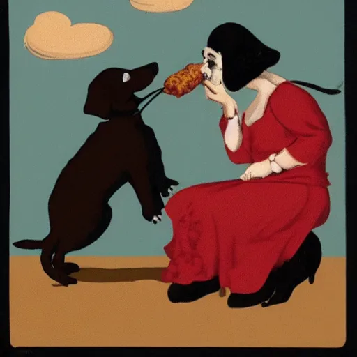 Image similar to a surreal absurdist image of an old woman swallowing a dog