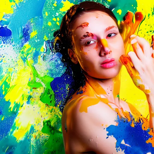 Image similar to potrait of a female model get splash with paint liquid , commercial ads