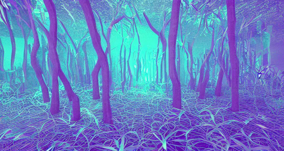 Prompt: 3d Render of neon deep sea forest, grainy, noisy