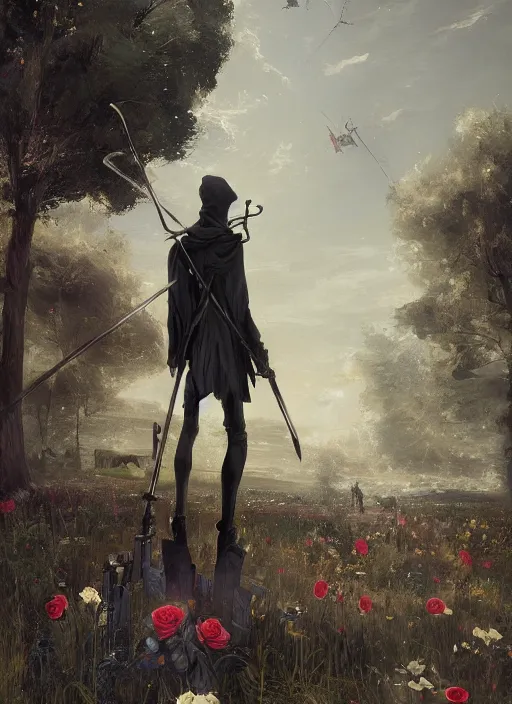 Image similar to grim reaper : : scythe and black rose : : kodachrome : : 2 d : : 3 d : : ray tracing global illumination : : insanely detailed and intricate, hypermaximalist, elegant, ornate, hyper realistic, super detailed : : by ismail inceoglu : : by john constable