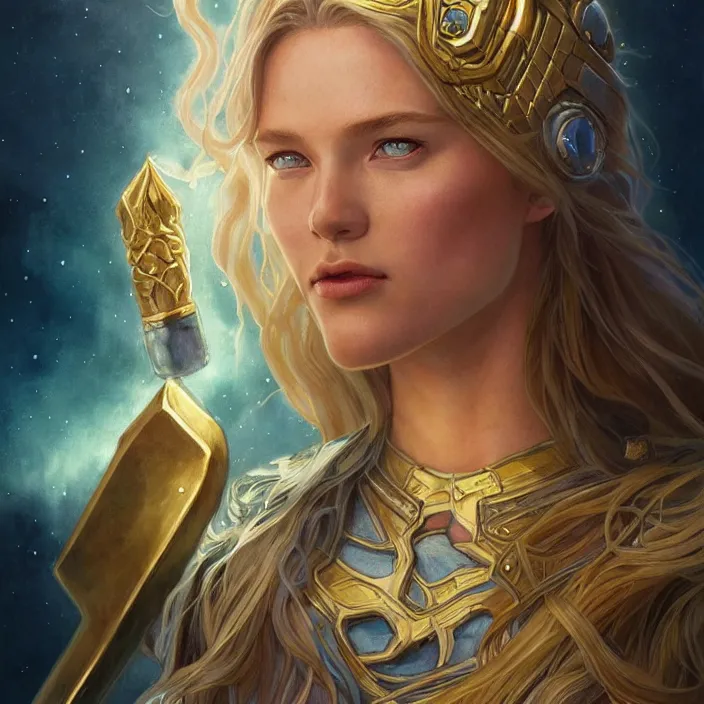 Prompt: beautiful female thor with sparkling eyes, summoning stormbreaker, highly detailed, gold filigree, fantasy, soft cinematic lighting, award, disney concept art, watercolor illustration by mandy jurgens and alphonse mucha and alena aenami, pastel color palette, featured on artstation