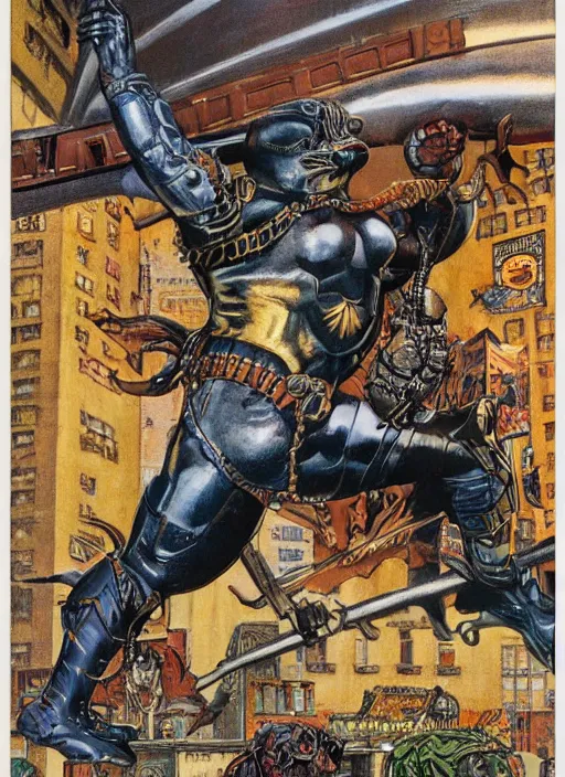 Image similar to a griffin in metal and leather armour lands in a new york plaza, by norman rockwell and jason fabok and tom lovell and frank schoonover and jack kirby and alex ross