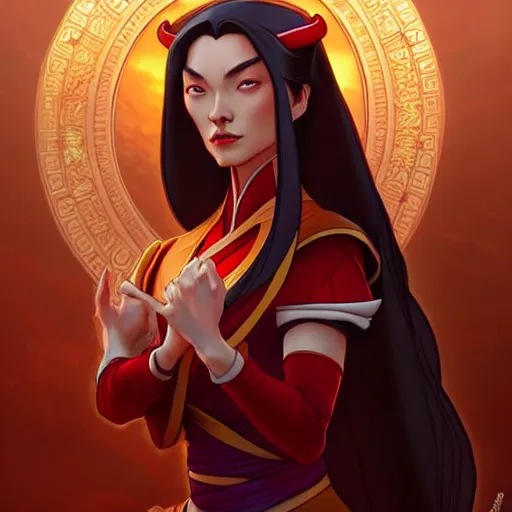 Image similar to Princess Azula from Avatar the Last Airbender, fantasy, intricate, elegant, highly detailed, digital painting, artstation, concept art, matte, sharp focus, illustration, art by Artgerm and Greg Rutkowski and Alphonse Mucha