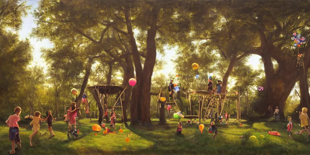 Image similar to masterful oil on canvas painting, eye - level view, shot from 5 0 feet distance, of kids playing in a treehouse. in the background human children run around having fun. golden hour, detailed, depth, volume, chiaroscuro, quiet intensity, limited color palette. in the background there are a couple of balloons floating in the sky.