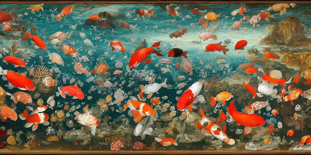 Image similar to Underwater, An ancient city in the deep sea, giant koi fish, by james jean, by Peter Paul Rubens and Jan Bruegel the Elder
