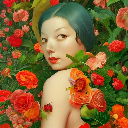 Image similar to hyper detailed illustration like a Oil painting - a vivid exotic flowers, long petals, huge blossoms, by James Jean, Masterpiece, Edward Hopper and James Gilleard, Ross Tran, Mark Ryden, Wolfgang Lettl, hints of Yayoi Kasuma, surreal