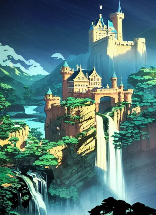 Prompt: magical castle, waterfall, river, mountain, scenery wallpaper aesthetic, lookup view, beautiful, cinematic, dramatic, super detailed and intricate, hyper realistic, by koson ohara, by darwyn cooke, by hiroshi yoshida, by kentaro miura