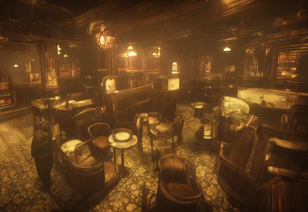 Image similar to In the world of rapture from the world of bioshock you are in a bar, there is a window that lets you see the whole city underwater and you are drinking a rum and coke, there are masks on the tables
