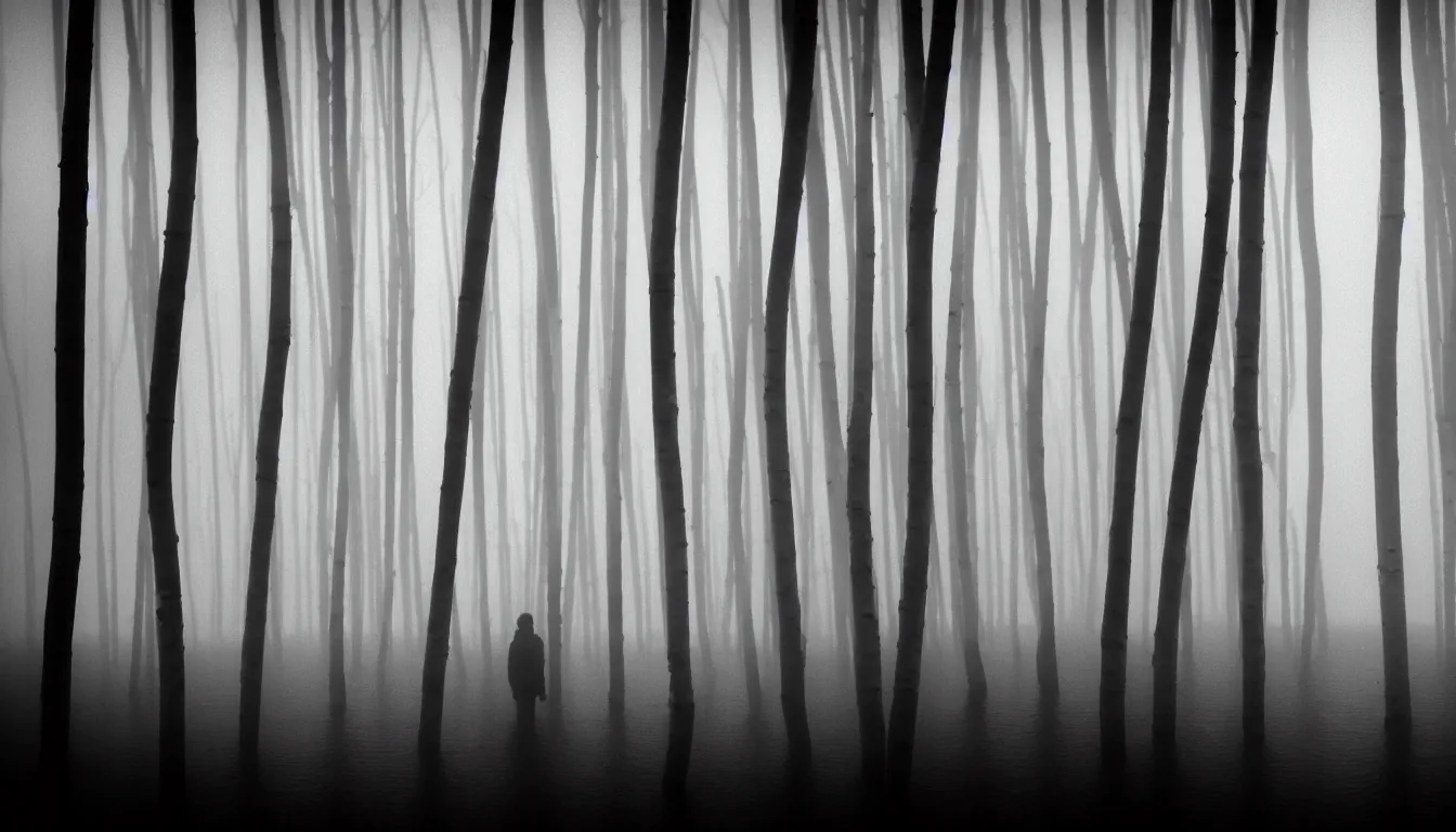 Prompt: silhouette of a person inspecting flood foggy thin birch swamp, scary, dark, atmospheric, ambient vibe, very detailed, 8 k