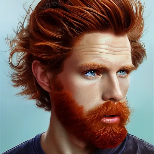 Image similar to 2 4 - year - old man, masculine face, square jaw, ginger hair, dark blue eyes, hyper realistic face, beautiful eyes, highly detailed, digital painting, smooth, sharp, beautiful face, expressive eyes, long fluffy wavy ginger hair, art by greg rutkowski and alex gray