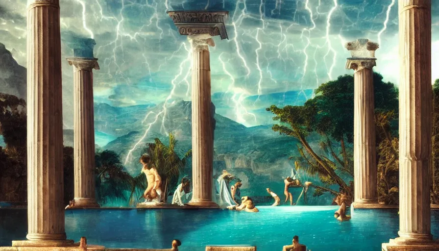 Image similar to From Inside the giant Palace, mediterranean balustrade and columns line, refracted sparkles, thunderstorm, greek pool, beach and Tropical vegetation on the background major arcana sky and occult symbols, by paul delaroche, hyperrealistic 4k uhd, award-winning, very detailed paradise