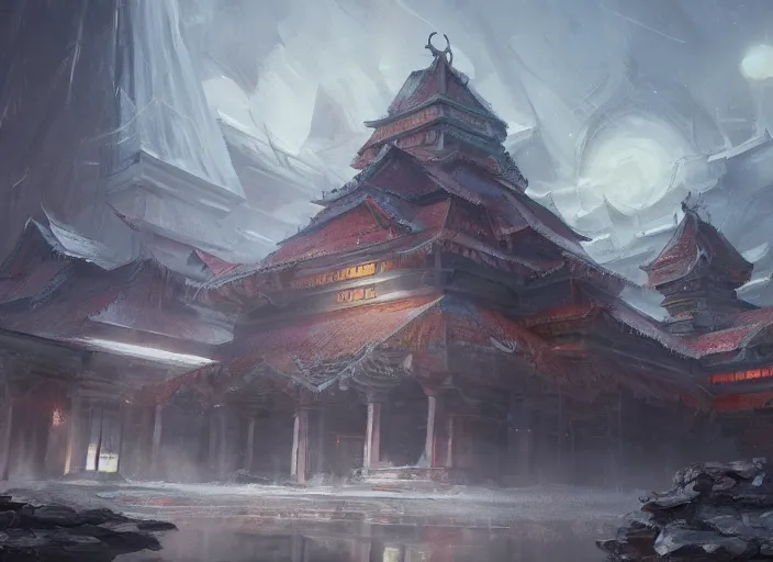 Image similar to cinematic shot, concept art of temple, oil painting by jama jurabaev, extremely detailed, brush hard, artstation, for aaa game, high quality, brush stroke