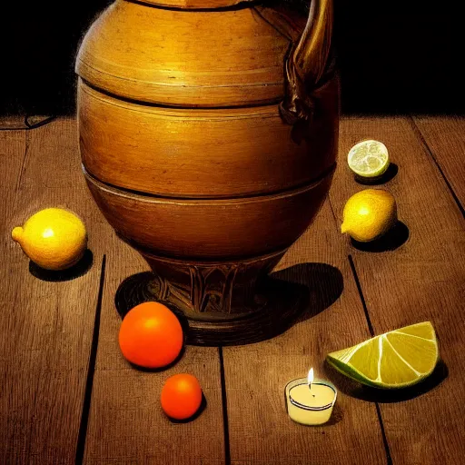 Image similar to still art, antique jug with palms inside on wooden antique table, old candle, much vegetables, lemon, orange, pepper, cinematic light, contrast shadows, dark light, detailed, digital art, concept art, trending on artstation, highly detailed, intricate, sharp focus, digital art, 8 k