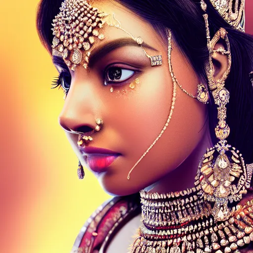 Prompt: portrait of wonderful indian princess of diamond with dark skin, ornate with diamonds, 8 k, gorgeous, intricate, detailed, glowing white accent lighting, dramatic lighting, octane render