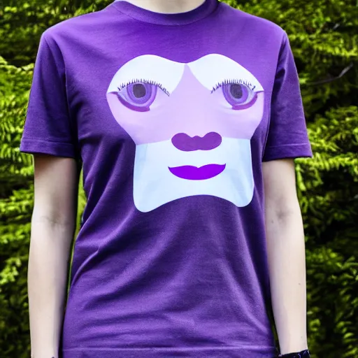 Image similar to a lilac coloured t-shirt with a cartoony face, product design