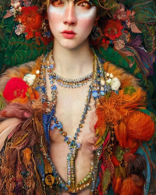 Image similar to a beautiful girl wearing colourful face paint surrounded by bright intricate patterns, by edgar maxence and caravaggio and michael whelan, intricate painting, hyper realistic, extremely detailed and beautiful aesthetic face, 8 k resolution