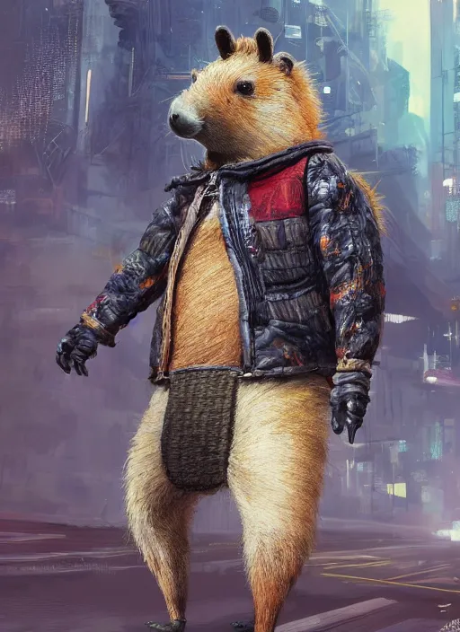 Image similar to detailed full body concept art illustration oil painting of an anthropomorphic capybara cab driver in full intricate clothing, biomutant, dystopian future, ultra detailed, digital art, octane render