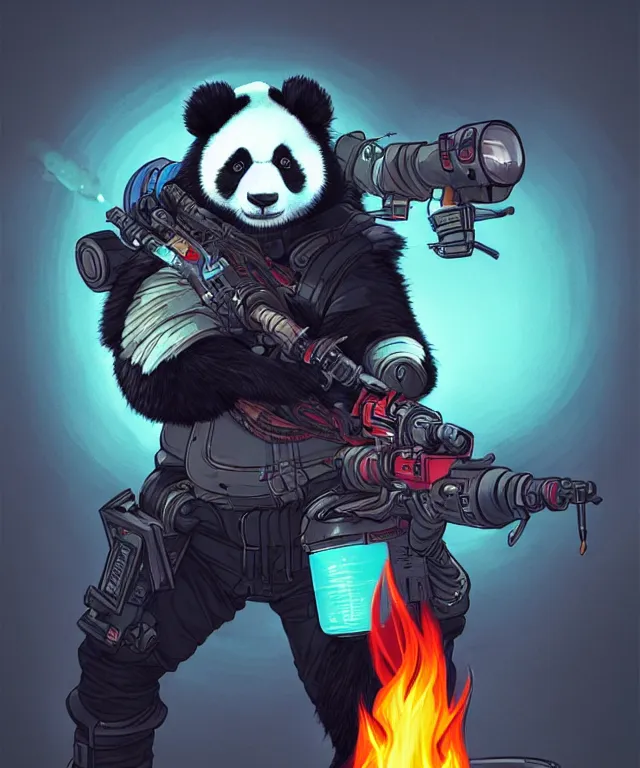 Image similar to a portrait of a cyberpunk panda holding a flamethrower, fantasy, elegant, digital painting, artstation, concept art, matte, sharp focus, illustration, art by josan gonzalez