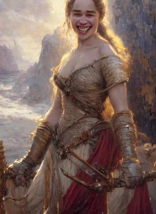 Prompt: happy emilia clarke smiling, detailed, by gaston bussiere, bayard wu, greg rutkowski, giger, maxim verehin, greg rutkowski, masterpiece, sharp focus, cinematic lightning