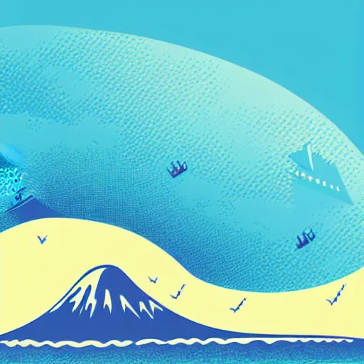 Image similar to giant tsunami wave that is 20 miles high, approaching about to crash into a small coastal town. miniature buildings compared to giant waves are so tall, they seem to touch the sky, large scale image, cartoon color drawing vector illustration, 2d photorealistic flat anime style