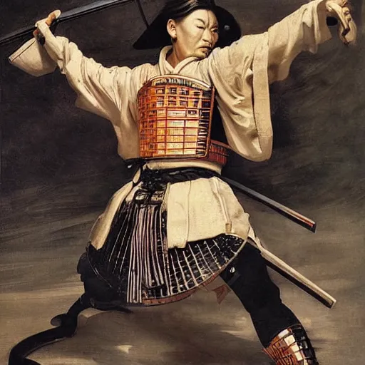 Image similar to samurai in prey picture by j. c. leyendecker and peter paul rubens, asymmetrical, dark vibes, realistic painting, organic painting, matte painting, geometric shapes, hard edges, graffiti, street art : 2 by j. c. leyendecker and peter paul rubens : 4