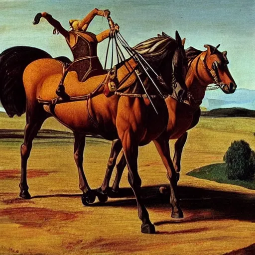 Prompt: A humanoid horse riding a wagon pulled by a human, renaissance oil painting by Salvador Dali