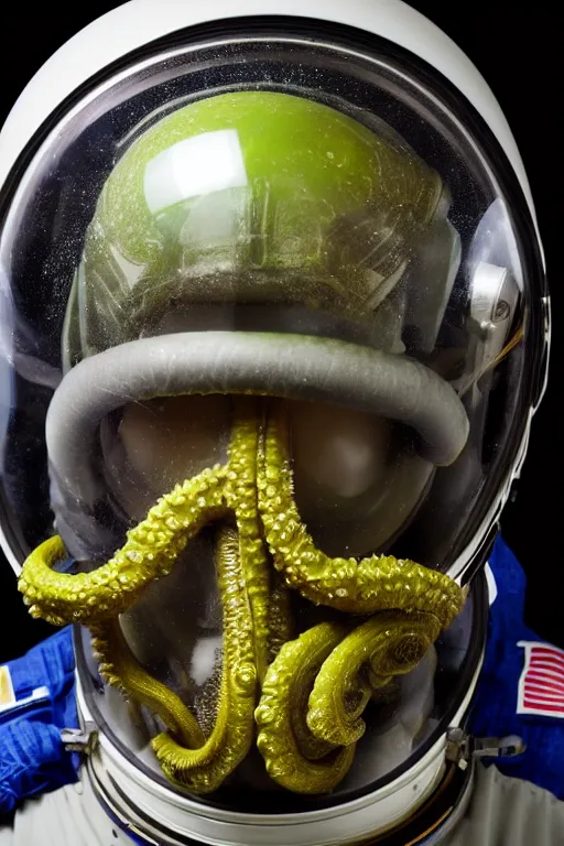 Prompt: extremely detailed studio portrait of space astronaut, alien tentacle protruding from eyes and mouth, slimy tentacle breaking through helmet visor, shattered visor, full body, soft light, plain studio background, disturbing, shocking realization, award winning photo by paola agosti