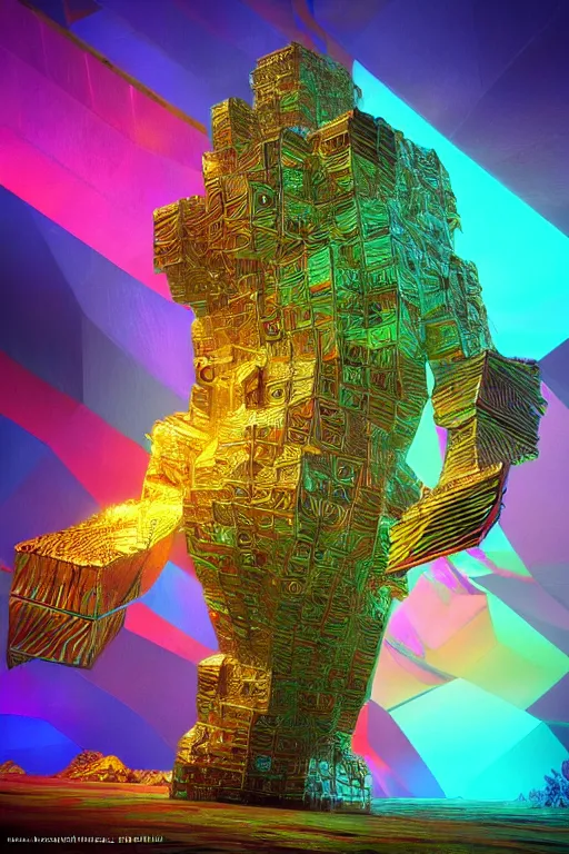 Image similar to concept art of fractal colorful bismuth! metal giant golem : : shiny rainbow bismuth! fractalization : : extremely high details, masterpiece, photorealistic, hyperrealism, vray, octane render, volumetric lighting, depth of field, bokeh, artstation, cgsociety by elyse graham, johannen voss, greg broadmore