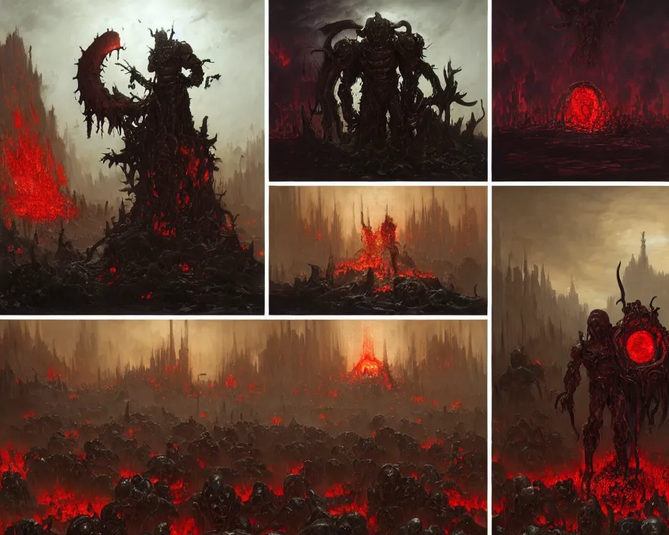 Image similar to doom eternal concept art by jakub rozalski, garden of eternal delights hell by hieronymus bosh, triumph of death by pieter brueghel, doom eternal hell by wayne barlowe