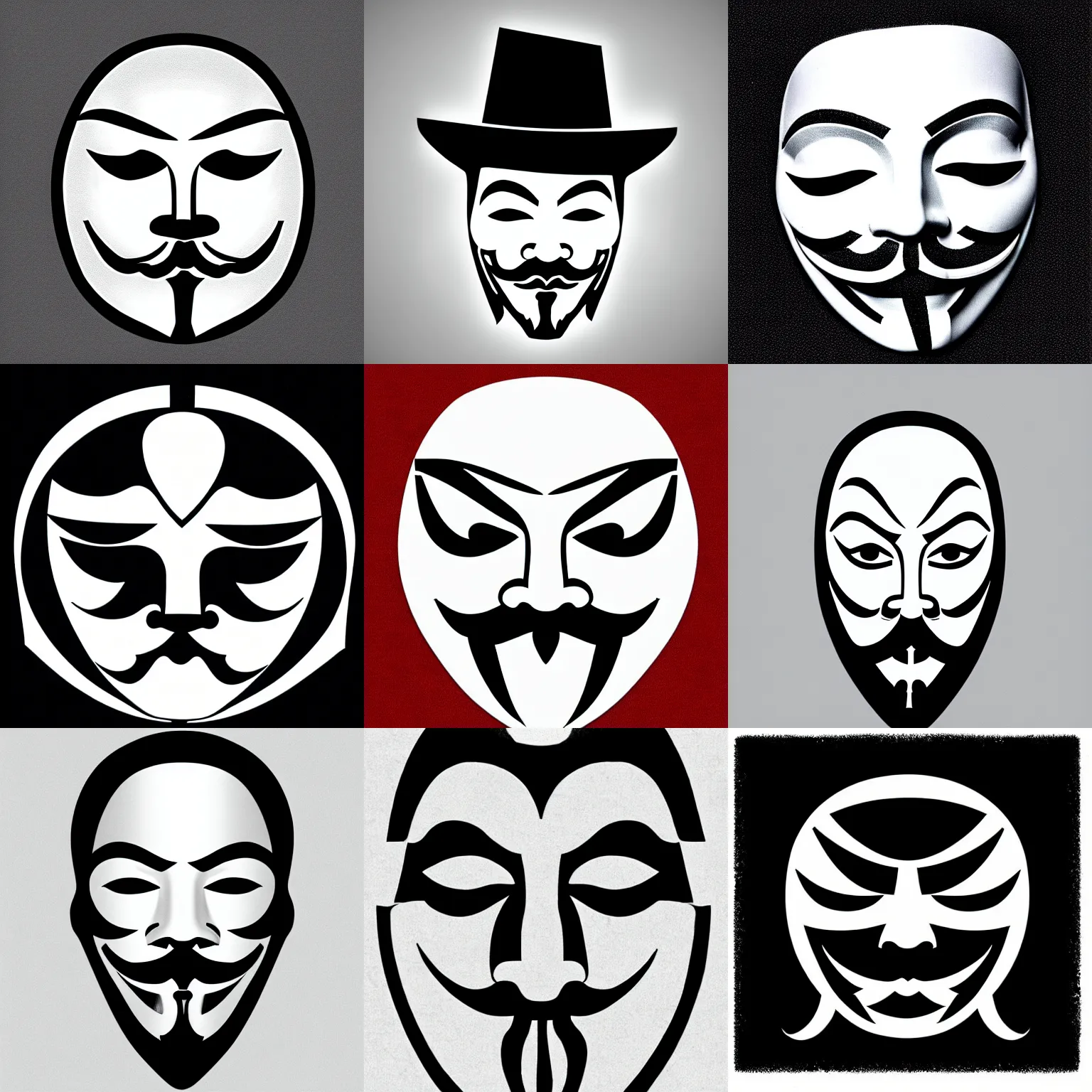 Prompt: guy fawkes anonymous mask logo by karl gerstner, monochrome, symmetrical