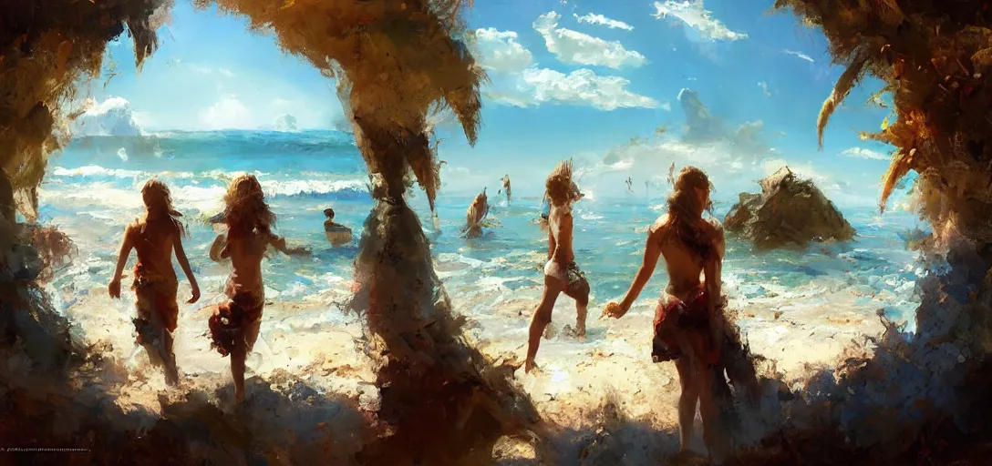 Image similar to a multiverse portal leading to a beautiful beach, craig mullins