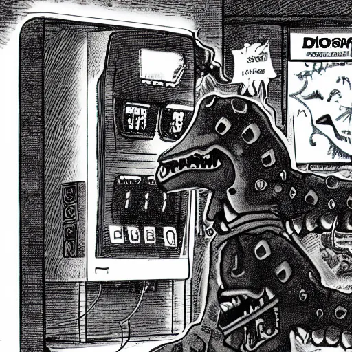 Image similar to a man inside of a gas station trying to buy a dinosaur, by kentaro miura