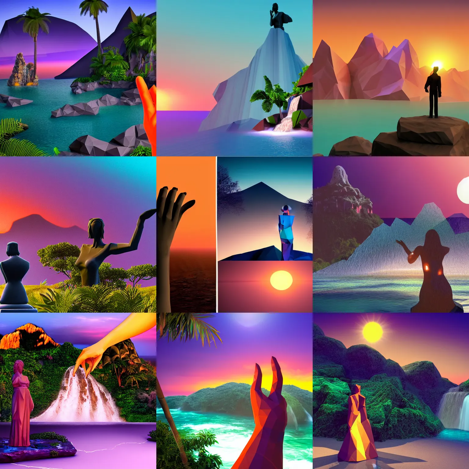 Prompt: a low-poly render of a big orange hand holding the purple setting sun on the ocean horizon. a purple tinted transparent beckoning lady in front of a waterfall. a dark colored abandoned building featuring two statues and bright white periphery. a prehistoric jungle scene with a mountain in the background.