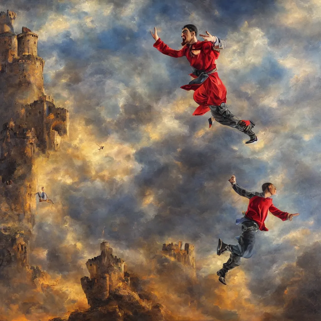 Prompt: full body oil painting of man jumping from a castle in the air