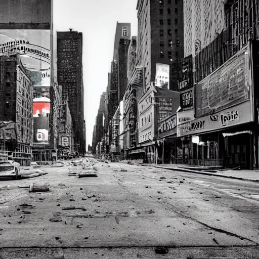 Prompt: color photograph, highly detailed abandoned New York city street at night after the war between humans and AIs, film grain, soft vignette, Canon EOS Digital Rebel XTi, 100-300mm Canon f/5.6, Exposure time: 1/160, ISO 400, IMAX 70mm footage