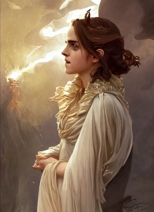 Image similar to Emma Watson as Lucifer morningstar, very detailed, digital art, concept art, illustration, trending on ArtStation, art byvgreg rutkowski and alphonse mucha and J. C. Leyendecker and Edmund Blair Leighton and Ashley wood