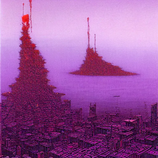 Image similar to purple cyberpunk city, by Beksinski and Hokusai