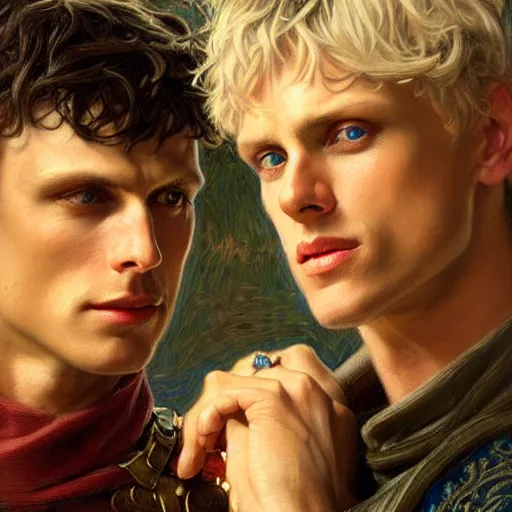 Prompt: arthur pendragon and merlin. close up of their faces. natural lighting. highly detailed painting by gaston bussiere, j. c. leyendecker 8 k