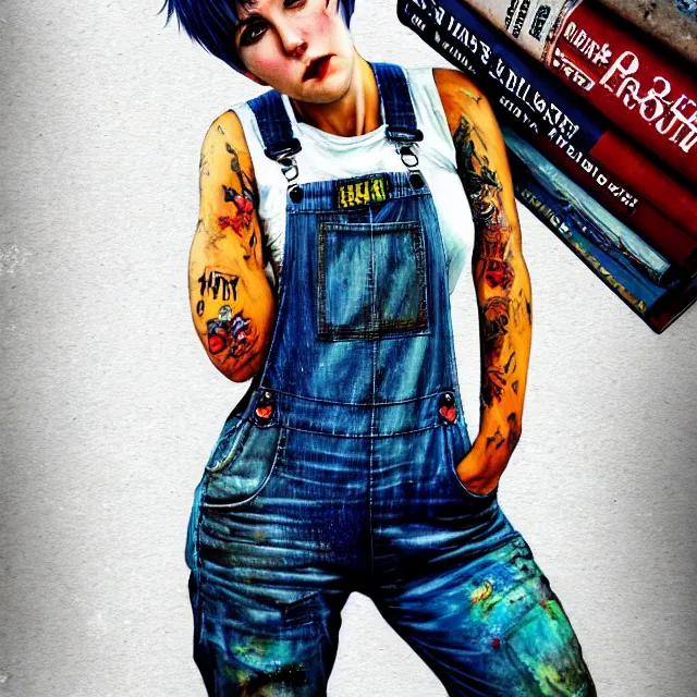 Image similar to full body pose, beautiful adult woman, short white hair shaved sides, dirty, grungy, grunge, long sleeve, painted overalls, stacks of giant books, highly detailed, 4 k, hdr, smooth, sharp focus, high resolution, award - winning photo, artgerm, photorealistic